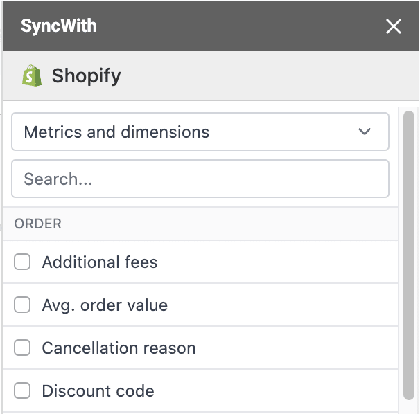 Shopify dimensions and metrics