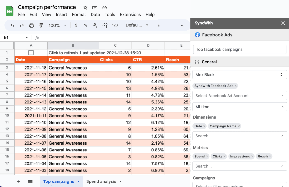 Importing Facebook Ads performance into Google Sheets