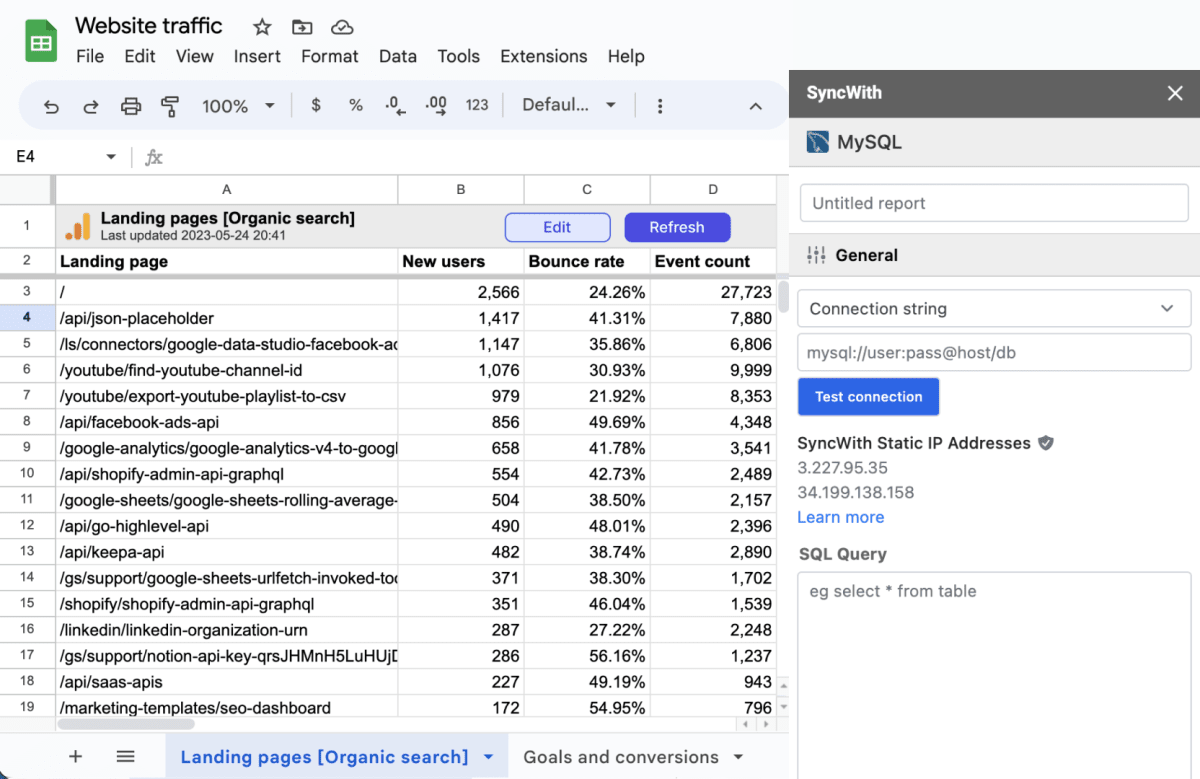 Importing MySQL database insights into Google Sheets