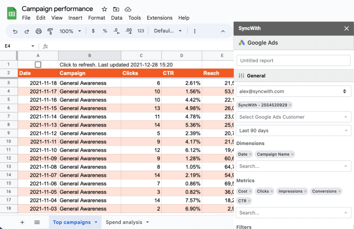 Importing Google Ads performance into Google Sheets