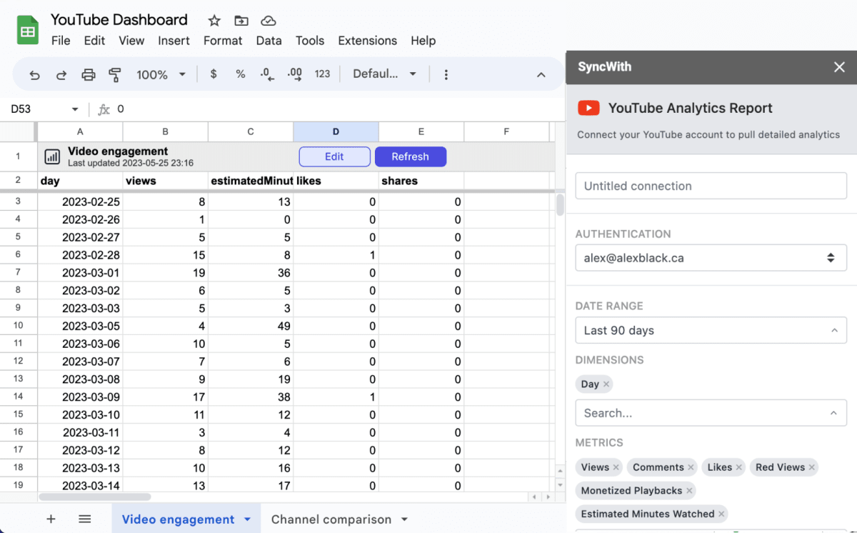 Importing YouTube analytics into Google Sheets