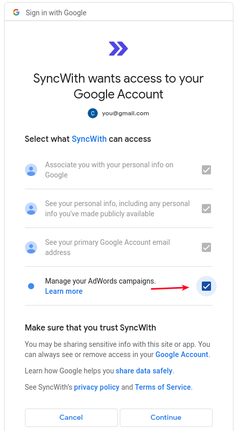 Checking all the checkboxes will ensure that you can use your data with SyncWith.