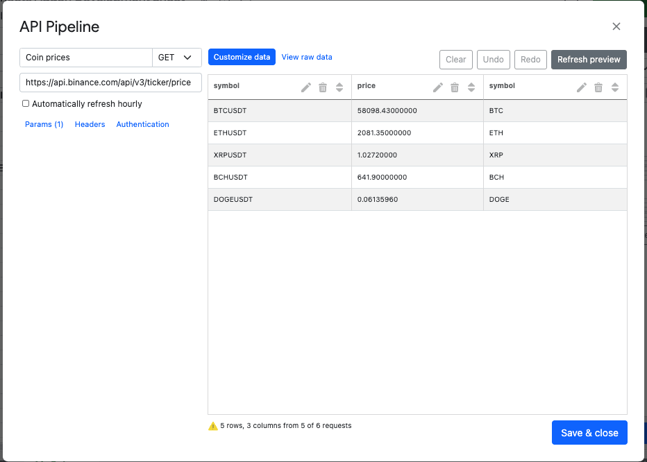 A preview of the data pulled down from Binance