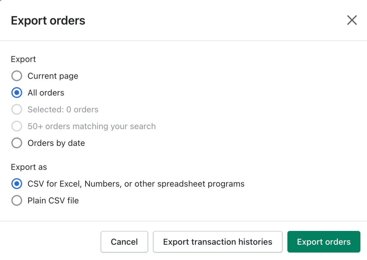 A screenshot of the Shopify store admin orders export screen